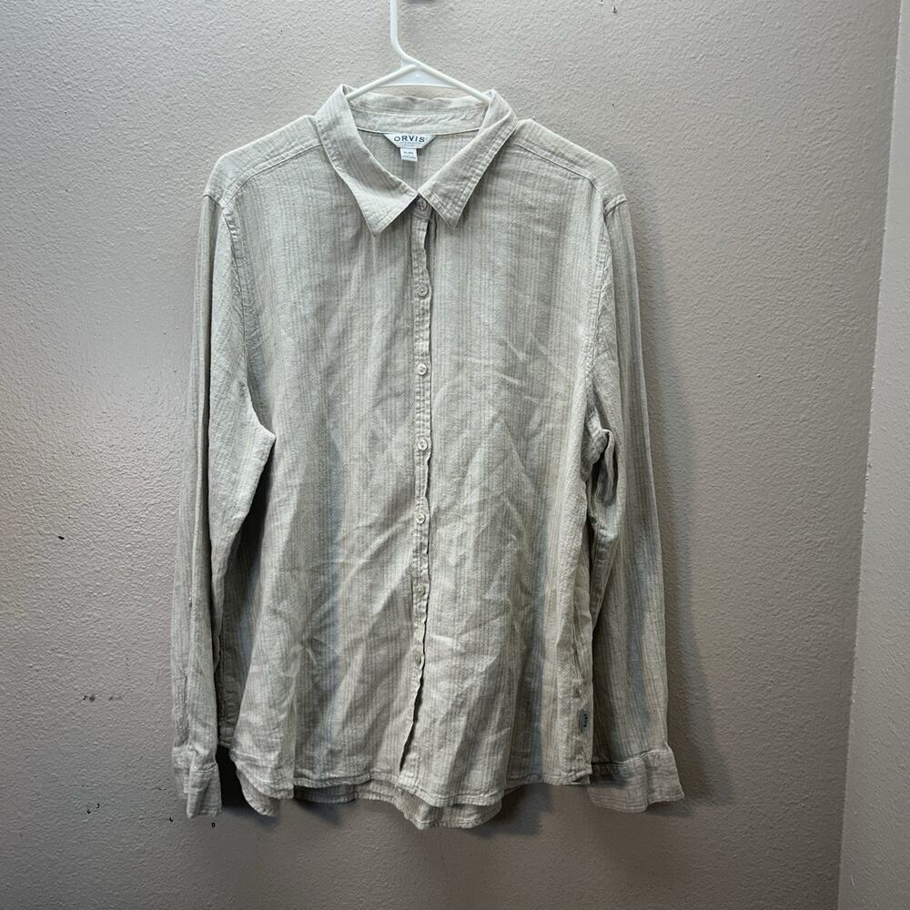 Orvis Men's Size XL Tan Striped Classic Linen Rayon Blend Button Up Shirt Resort